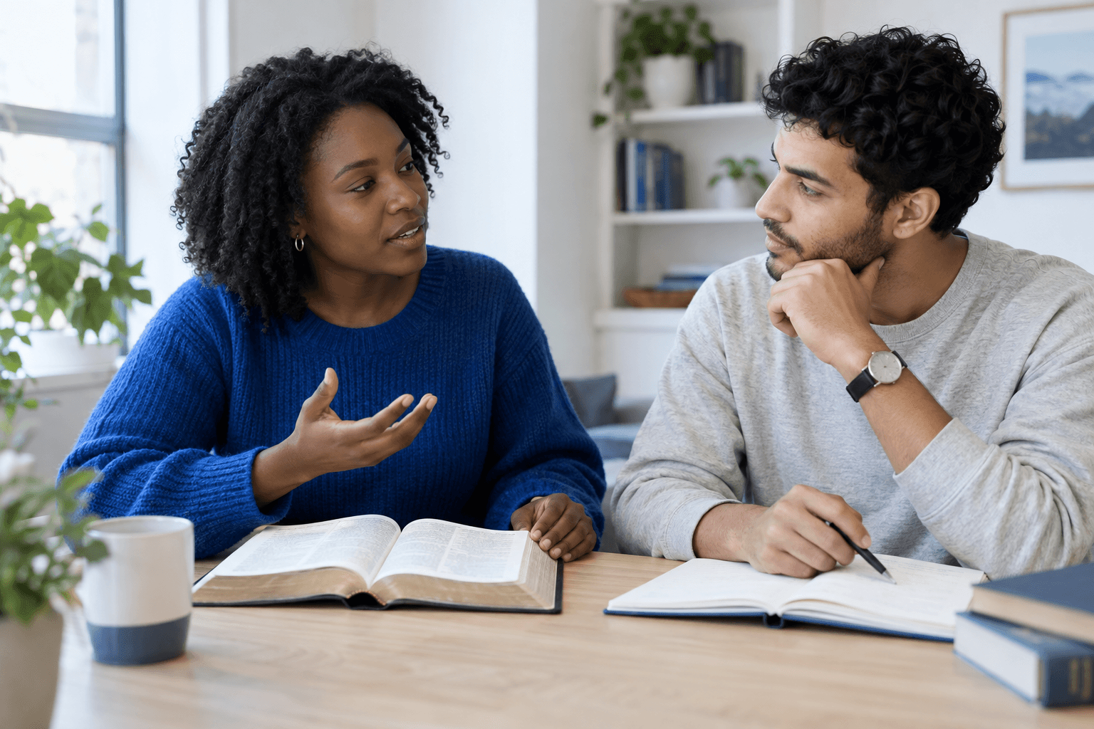 Two friends discussing an open Bible